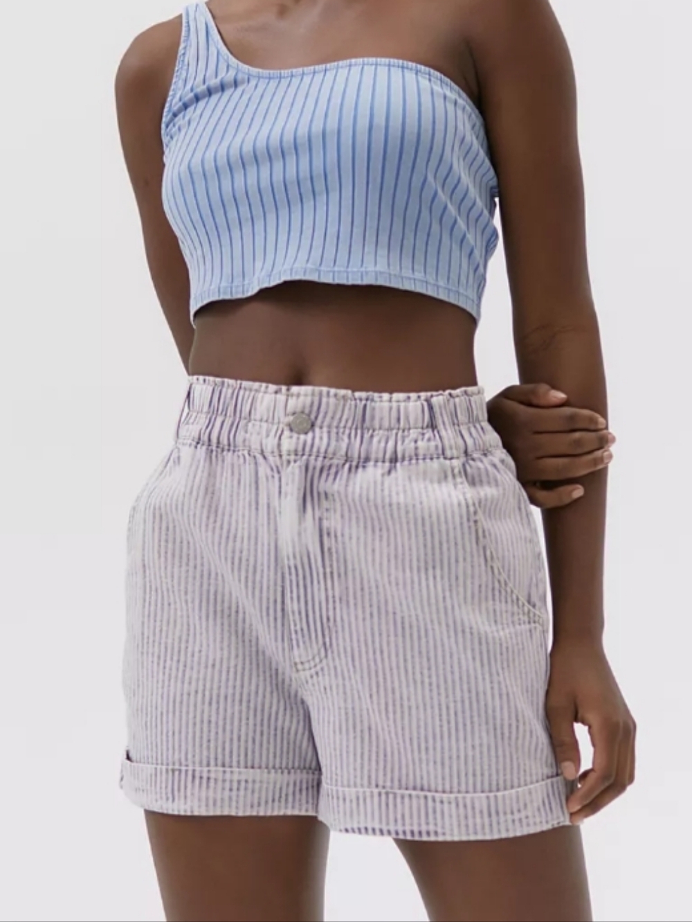 BDG Light Blue & White Pinstripe Paperbag Waist Shorts